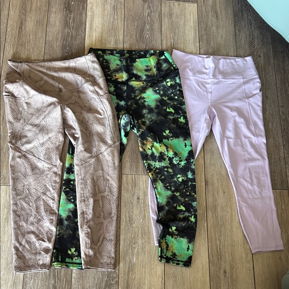 Fabletics and EVCR Leggings- Snake Print, Tie-Dye, and Purple